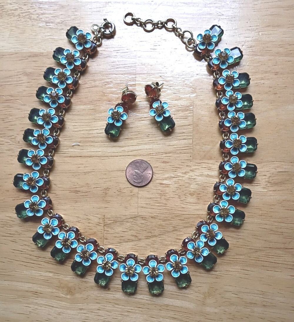 Vintage J Crew GLOWS UV Necklace Earrings Set  Enamel Flowers Crystal Blue Green